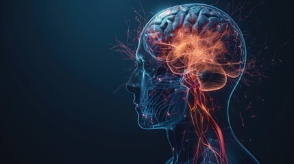 Poster - A 3D rendering of a glowing human brain with intricate neural connections