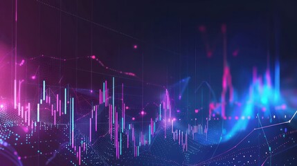 Poster - An abstract digital data visualization with glowing neon lines and dots on a dark background
