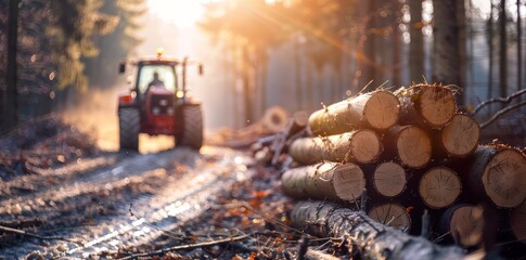 Poster - A stack of logs in a forest path with a tractor in the background