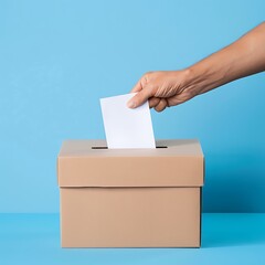 hand of man putting voting paper into a ballot box on blue background