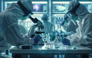Poster - The image depicts scientists in protective gear working in a laboratory setting conducting research using specialized equipment and chemical solutions