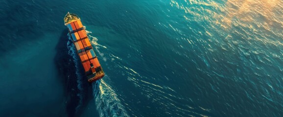 Poster - A cargo ship sails on calm blue waters viewed from above