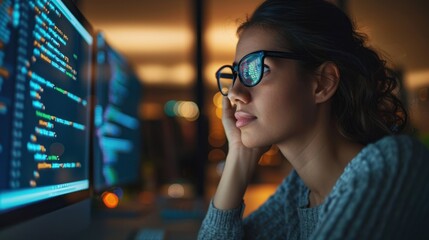 Poster - A Woman Gazes Intently at a Computer Screen Filled with Code Her Glasses Reflecting the Digital World
