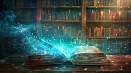 Poster - A glowing open book with magic emanating from its pages in a library setting