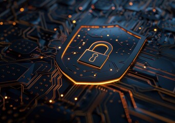 Aufkleber - A glowing padlock inside a shield on a circuit board
