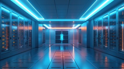 Poster - A server room with rows of servers illuminated by vibrant blue and orange lights