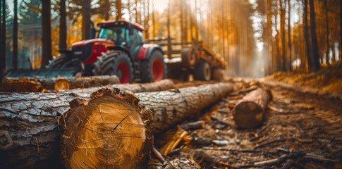 Poster - A close up of a felled tree trunk with a blurred tractor in the background
