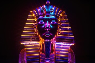 Poster - Ancient Egyptian pharaoh statue illuminated by neon lights for creative use