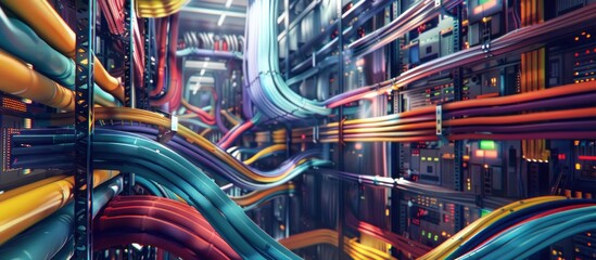 Poster - A closeup view of a server room with a vast array of colorful cables