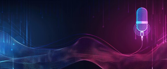 Aufkleber - A stylized microphone illuminated with neon lights against a digital data background