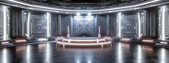 Poster - A futuristic interior with a glowing platform and metallic doors