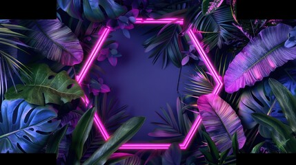 Aufkleber - A pink neon hexagon surrounded by vibrant tropical leaves on a dark blue background