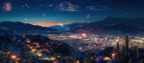 Poster - Nighttime cityscape with fireworks illuminating the sky above a sprawling city nestled in the mountains