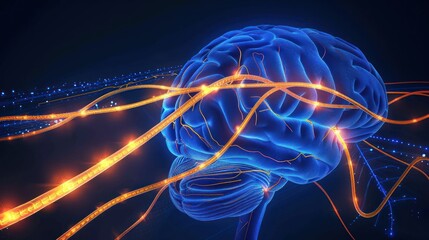 Poster - A glowing blue brain with illuminated pathways connecting it to other parts of the nervous system