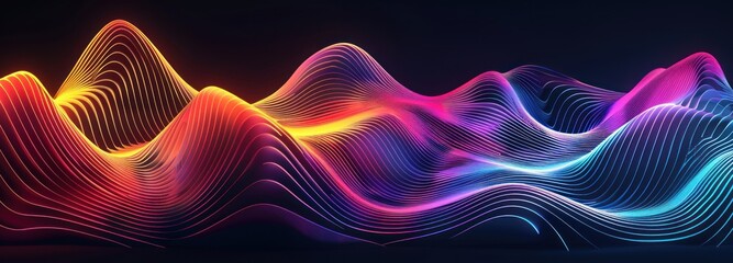 Canvas Print - A digital abstract landscape of glowing neon lines creating a wavelike pattern