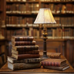 Poster - Stack of Antique Books with Lamp on Wooden Table