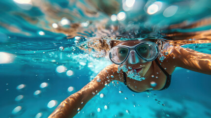 Close-up underwater shot of a woman wearing goggles, swimming in clear blue water, capturing the essence of underwater adventure.