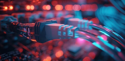Poster - A closeup view of network cables with neon light reflections