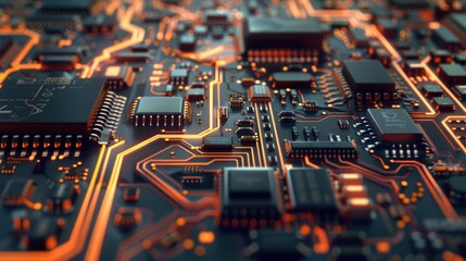 Poster - Close-up of a Circuit Board with Glowing Orange Traces