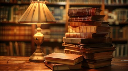 Poster - A Stack of Old Books With A Lamp On A Wooden Table