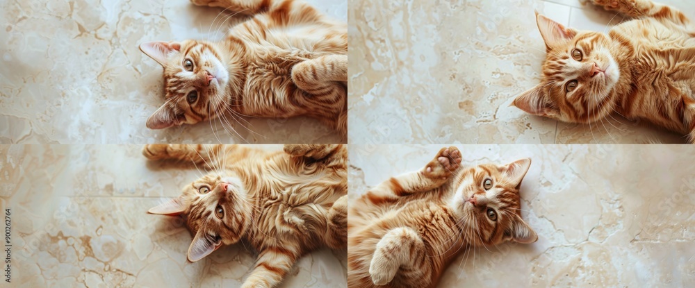 Cute ginger cat lying on a light background. The cat lies on its back ...