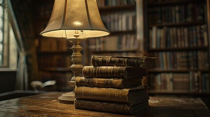 Poster - A Stack of Old Books Under a Lamp in a Library