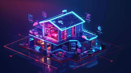 Poster - Smart Home with Glowing Neon Lines and Connected Devices