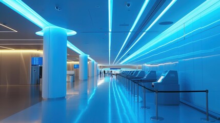 Poster - Modern Airport Interior with Blue Lighting and Check-in Kiosks