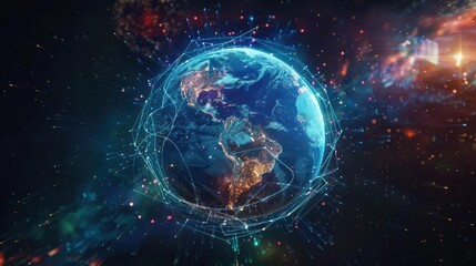 Poster - Earth Globe Enclosed in a Network of Light Streaks and Connections