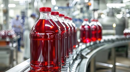 Poster - Bottles of red liquid moving on a conveyor belt in a factory setting