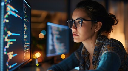 Poster - A woman intently gazes at a computer screen displaying colorful code her focused expression illuminated by the glow of the monitor
