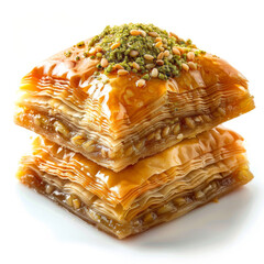 Close-up of two pieces of traditional baklava stacked, topped with chopped pistachios and sesame seeds, isolated on white background.