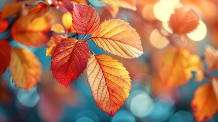   A tree with vibrant red and yellow foliage standing in front of a hazy green and yellow landscape backdrop