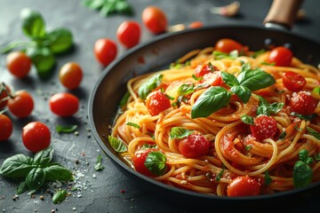 Canvas Print - tomatoes and basil pasta on pan