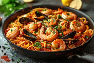 Canvas Print - A plate of shrimp and mussels pasta