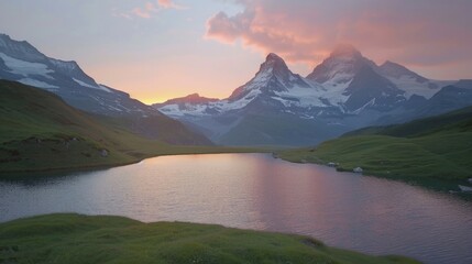 Poster - Serene mountain lake surrounded by peaks at sunset, great for outdoor adventure or travel themes