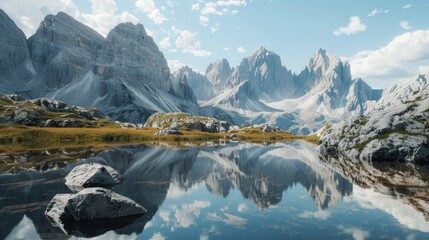 Poster - Mountain landscape with a serene lake in the foreground, suitable for use in travel or outdoor-themed designs
