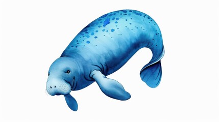 Wall Mural - A serene manatee swimming gracefully through water in a soft watercolor palette, set against a crisp white backdrop.