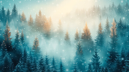 Christmas and New Year abstract festive background with winter forest and snowflakes