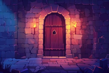 Poster - Wooden door in a stone wall at night