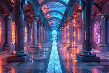 Aufkleber - A long hallway with columns and a clock on the wall, perfect for architecture or interior design projects