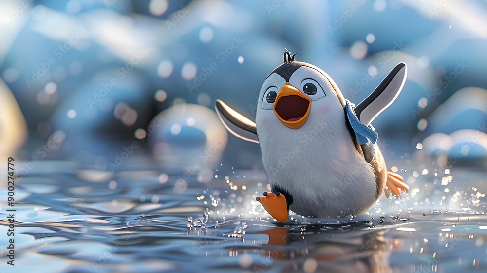 3D cartoon penguin sliding on its belly across a shiny ice surface ...