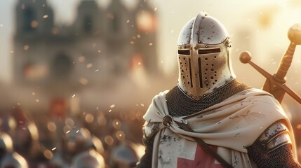 Medieval knight in armor with sword and shield in a battle scene, ancient castle backdrop with warm sunlight and blurred soldiers.