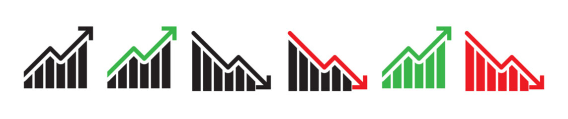 Aufkleber - Graph chart vector icon set. stock growth graph symbol. increase or decrease arrow chart icon in black, green and red colors