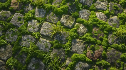 A fantasy game ground texture where bright green moss covers ancient cobblestones, interspersed with patches of wild grass, evoking an enchanted forest feel.