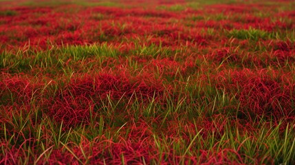 A field of red grass with patches of green interspersed, creating a natural patchwork effect ideal for vibrant designs.