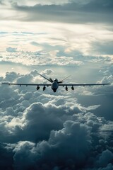 Poster - A plane soaring through the sky, with fluffy white clouds below