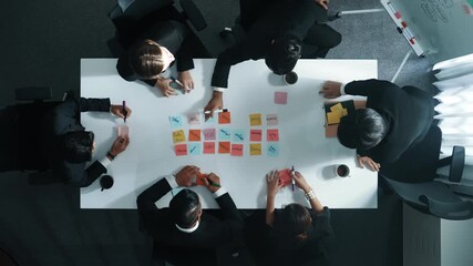 Poster - top down aerial view of skilled diverse business group choosing marketing strategy while businessman