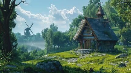 Poster - A small house surrounded by a lush green field, perfect for country living or rural scenery