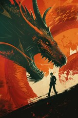 Poster - A person standing bravely in front of a massive dragon, ready for battle